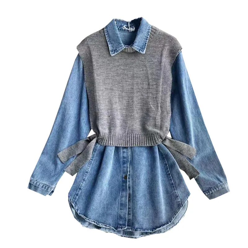 

2021 Knitted Patchwork Jeans Blouses Women Chic Fake Two Turn-down Collar All-match Shirts Tops Casual Slim Blusas