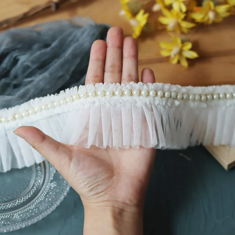 6 см ширина двухслойная сетчатая плиссированная ткань лента с оборками бусинами