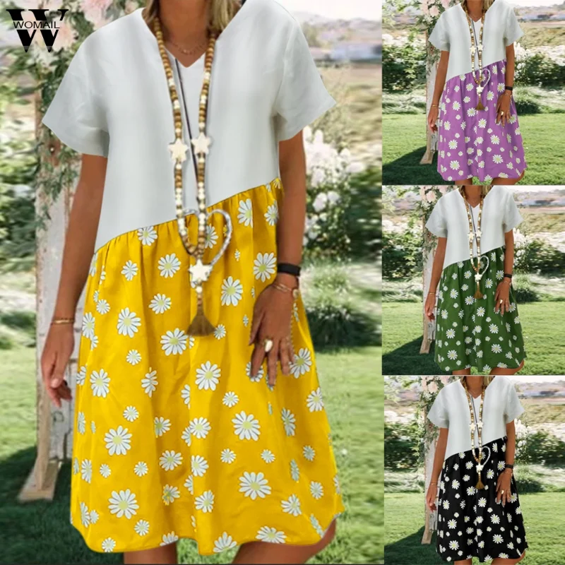 

Casual Women Dresses Bohemian Patchwork Linen Dress Summer Short Sleeve Loose Party Dress Dot Daisy Print Sundress Vestidos