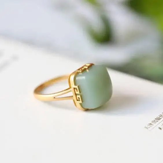 

S925 Sterling Silver Natural Hetian Jade Simple Jasper Square Ring Gem Ring Pink Green Ring Birthday Gift Jewelry