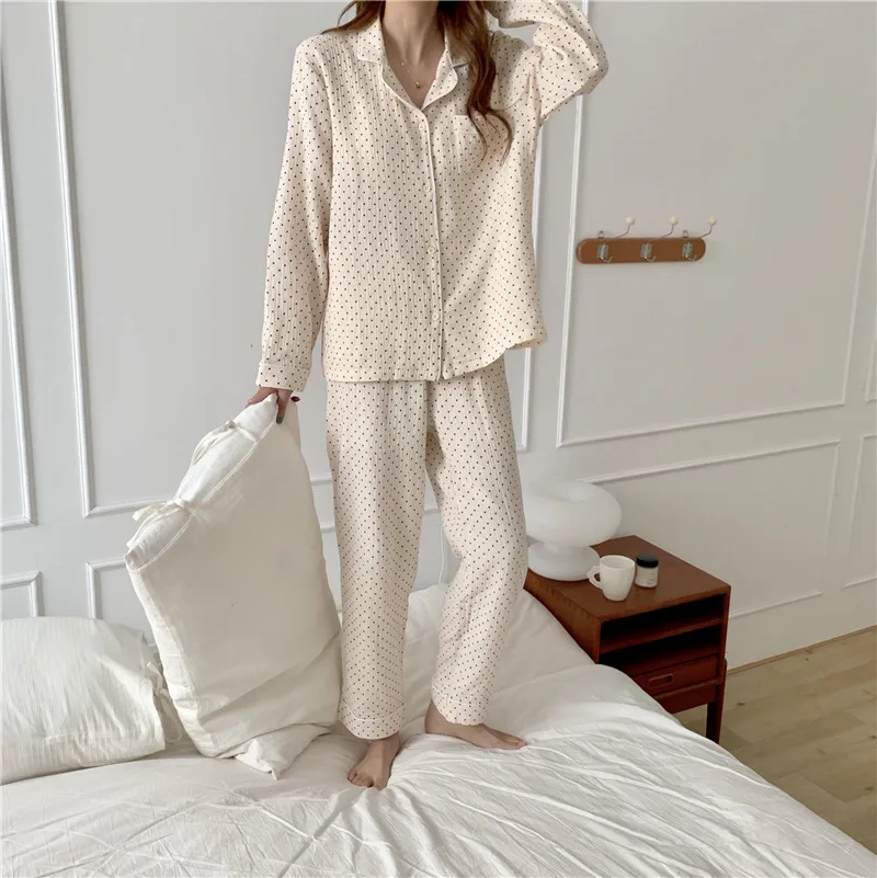 

polka dot cotton linen pajamas set women sleepwear home suit lapel collar shirts pants 2 piece set homewear soft lounge Y218
