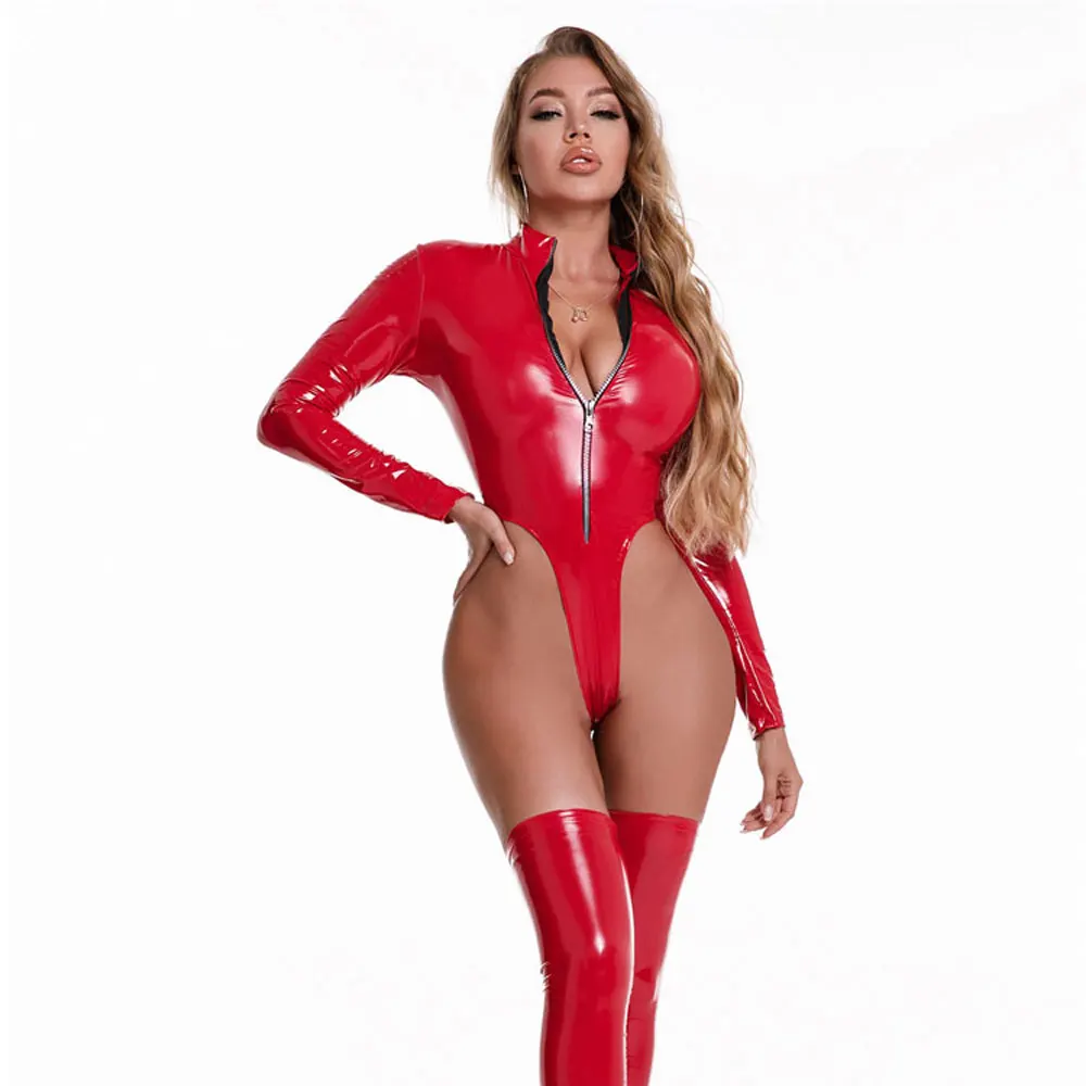 Сексуальное боди на молнии с высоким V-образным вырезом из искусственной кожи