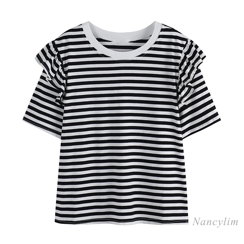 

Striped Round Neck Ruffled Cotton Short Sleeve T-shirt for Woman 2021 Summer Korean Style Loose Female Tops