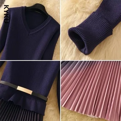 

Autumn Winter Elegant Knitted Patchwork Gradient Pink Pleated Dress Women Long Sleeve Office One-Piece Sweater Dress With Belt