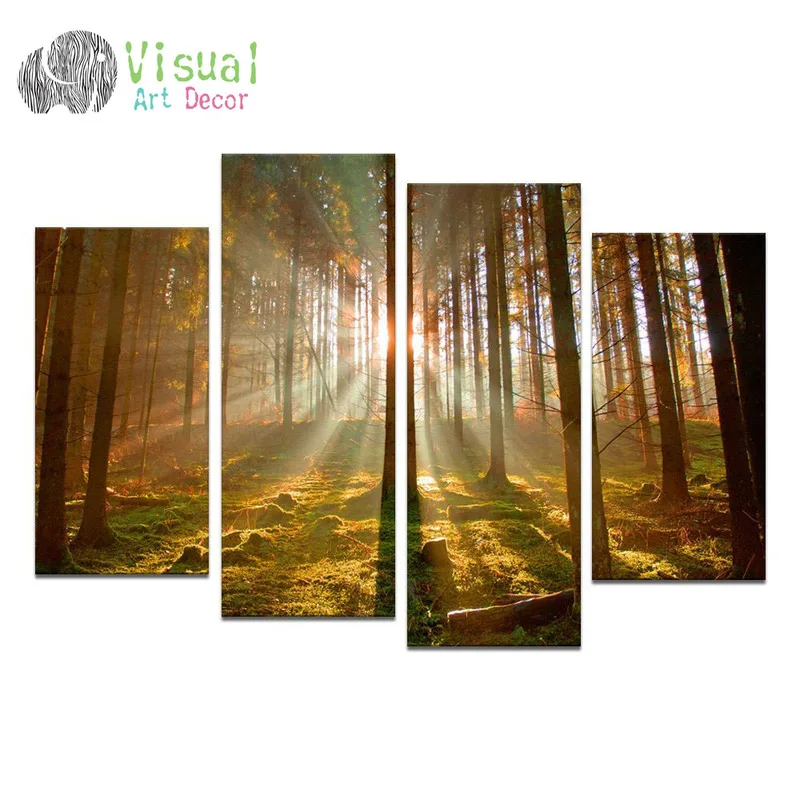 Фото Большой размер 4 панели группа холст стены Искусство Солнечный свет осенний лес