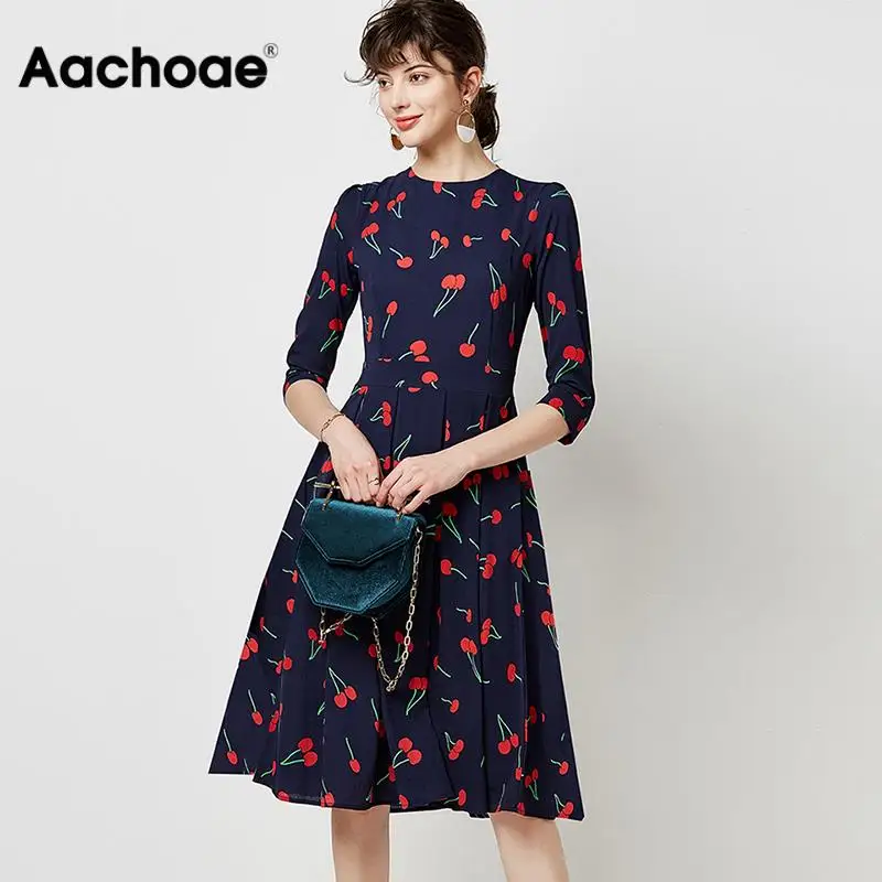 Aachoae винтажное Повседневное платье с круглым вырезом и принтом вишни женское