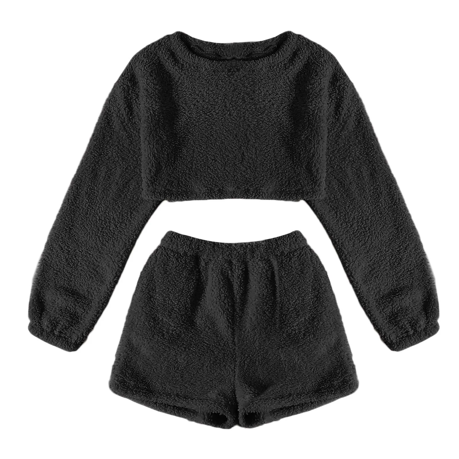 

Women's Solid Long Sleeve O-neck Pullover Leisure Blouse Tops + Shorts Set