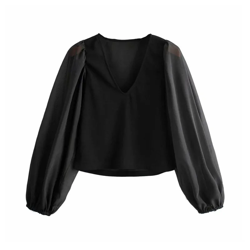 

Women sexy deep V neck black blouse patchwork transparent sleeve stretchy shirt female chic stylish tops blusas