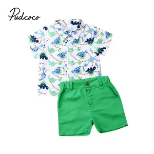 2019 повседневный костюм джентльмена из 2 предметов для маленьких мальчиков, платье с рисунком динозавра, рубашка и шорты комплект летней одежды для мальчиков