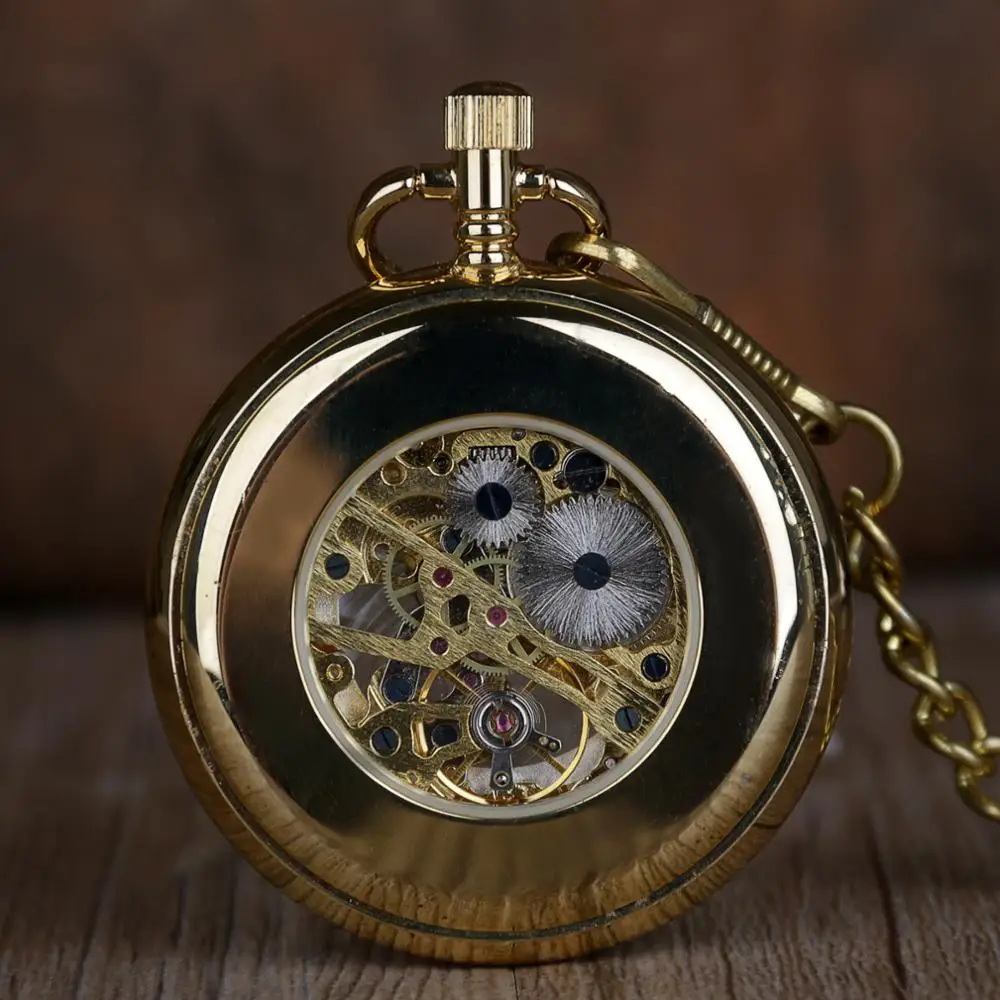 Wholesale Luxury Gold Skeleton Transparent Mechanical Pocket Watch for Men Women FOB Chain Hand Winding Full Steel Pocket Watch