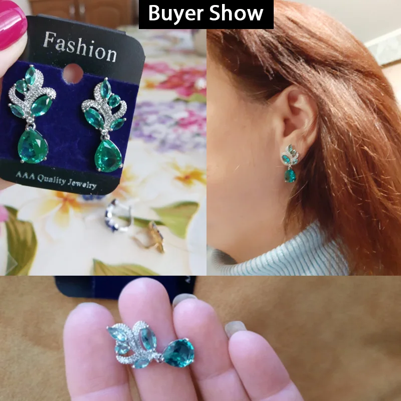 Серьги-подвески женские Pera серебристые светло-голубые зеленые с кубическим