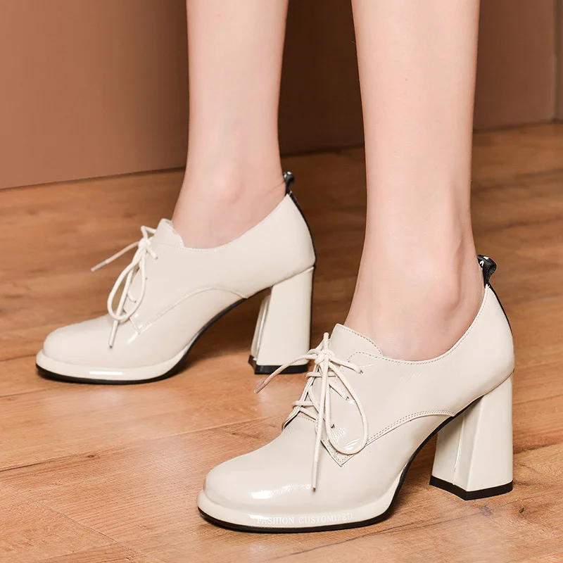 

2021 summer new deep mouth single shoes women's genuine leather large 2019 thick heel round head size boots lace high heels