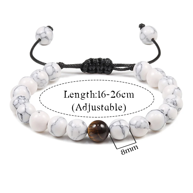 Браслет с белыми бусинами Healing 8 мм из натурального камня Howlite веревка для