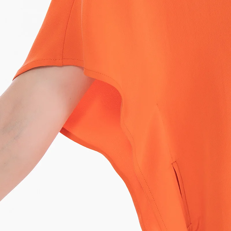 

VOA Heavyweight Silk 30m/m To Japan Orange Round Neck Shoulder Bat Sleeved Loose European American Plus Size T-shirt BE210