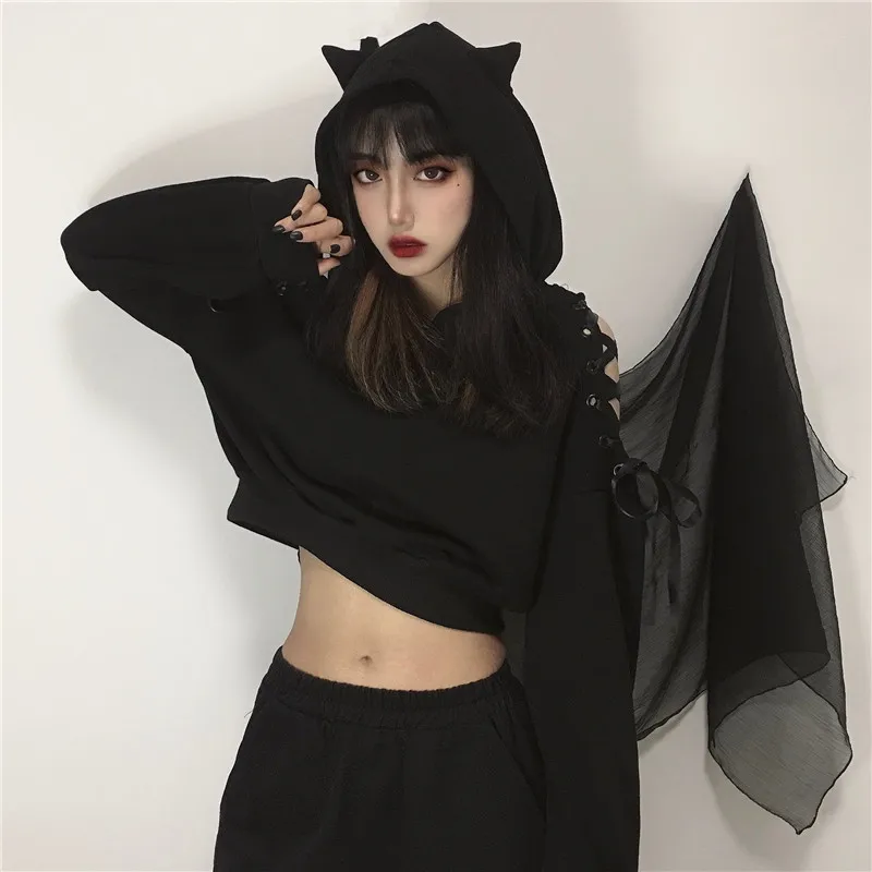 

Harajuku Gothic Short Sweatshirt Women Punk Gothic Hooded Autumn Winter Hollow Out Lace Up Long Sleeve Cute Cat Ear Hoodies