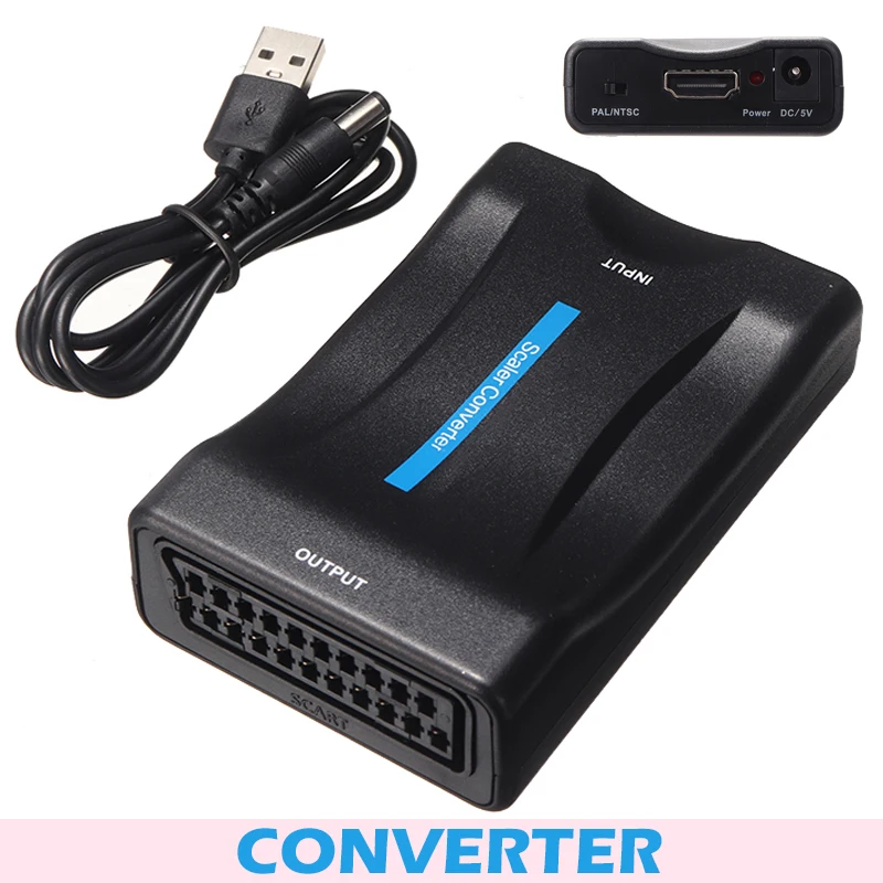 1080P HDMI-compatible to SCART Adapter Video Audio Converter with USB Cable for TV DVD PS SkyBox Black Audio Signal Converter