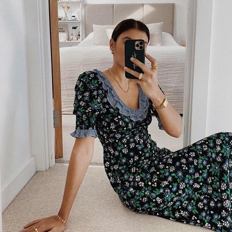 

Женское платье миди с цветочным принтом, облегающее длинное платье в ретро стиле с квадратным вырезом и коротким рукавом, 2021