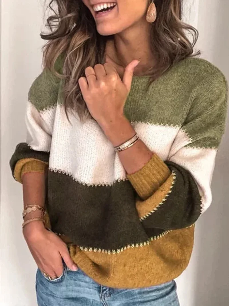 yellow sweater Luzuzi женский осень зима вязаный свитер пэчворк длинный рукав o-образный вырез пуловер рубашка Повседневная хит цвет теплый свитер 5XL - Color: yellow sweater