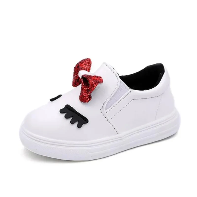 

2021 Cartoon Eyes Shoes Soft Leather Sneakers Kids Baby Girls White Glitter Bowknot Party Shoes Youth Child Red Slip On Sneakers