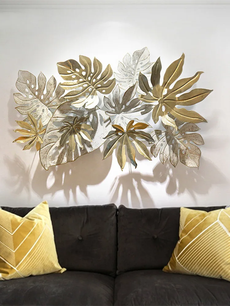 

Creative Wrought Iron Wall Hanging Goldleaf Leaf Mural 3D Livingroom Decoration Crafts European Style Home Decor Accessories