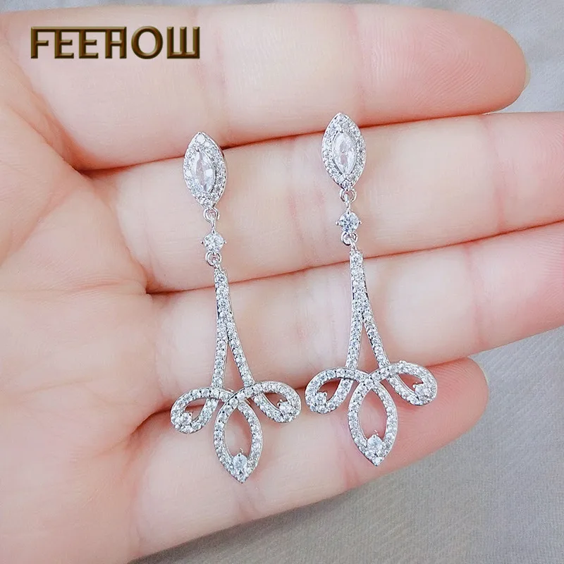 Женские серьги подвески FEEHOW длинные с большим листом и фианитом в этническом