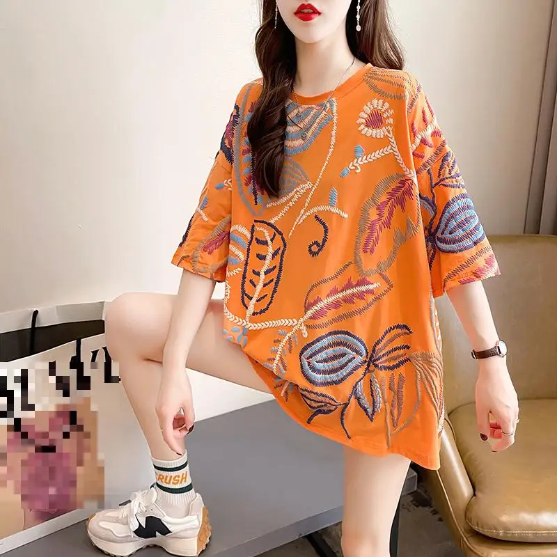

2022 Summer New Loose Slim Simple Ethnic Short Sleeved T-shirt Dress Korean Casual Stretch Cotton Women Tops Tide Free Shipping