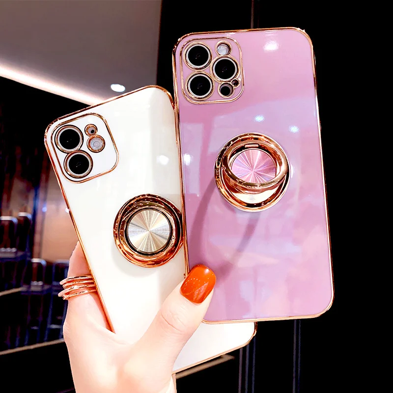 

Plating Soft Silicon Shell Case For iPhone 12 13 11 Pro Max Mini XS XR X 7 8 Plus iPhone11 iPhone8 Phone Ring Holder Stand Cover