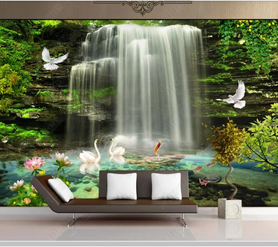 

Papel de parede waterfall lake swan landscape 3d wallpaper mural,living room tv background bedroom wall papers home decor