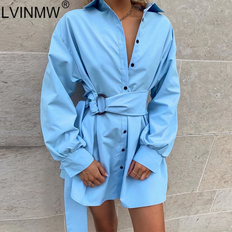 LVINWM синее приталенное платье с отложным воротником пуговицами и поясом Осень