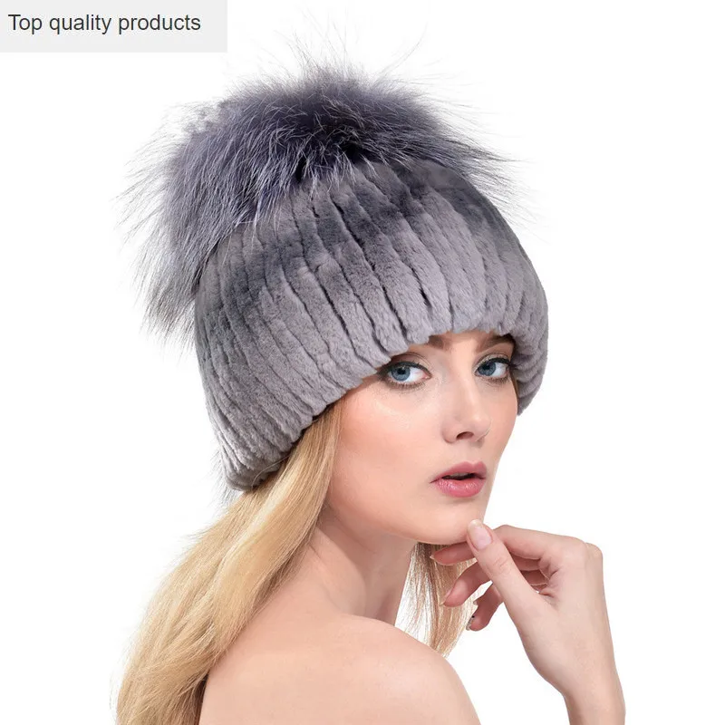 

Real New Women Rabbit Fur Hat With Big Silver Fox Fur Pom Poms Top Beanies Natural Elastic Rex Rabbit Fur Cap LH350