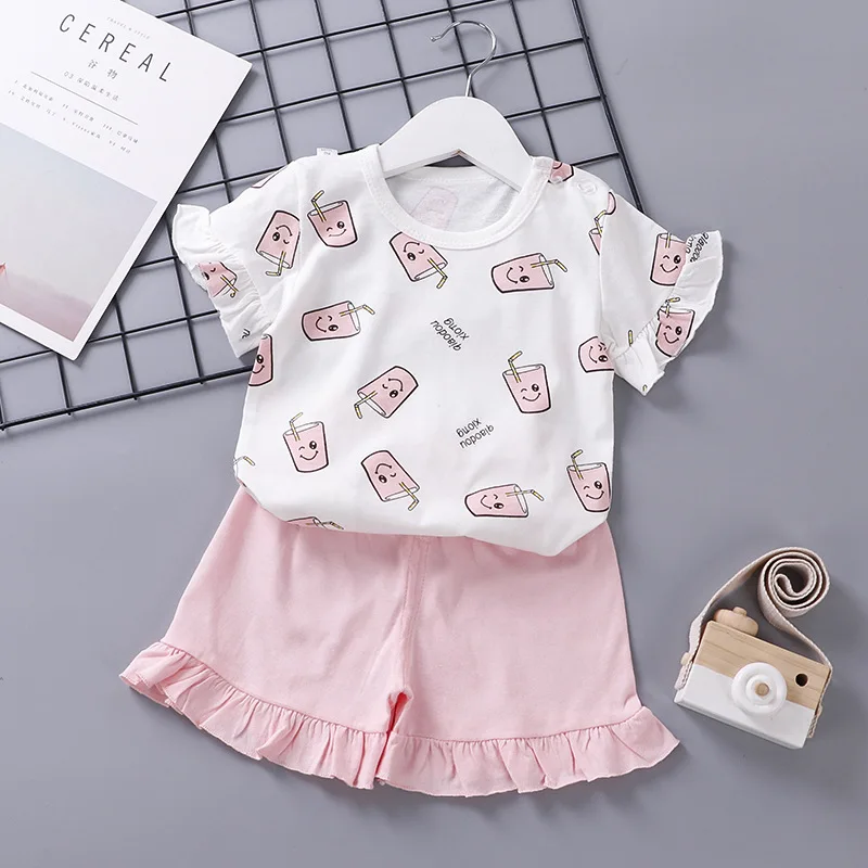 Хлопковые летние комплекты для девочек футболка с короткими рукавами и шорты в