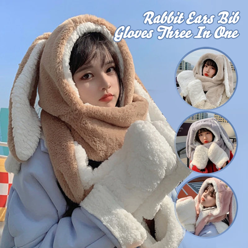 Модный шарф 3 в 1 шапка перчатка женский милый пушистый большой кролик с ушками