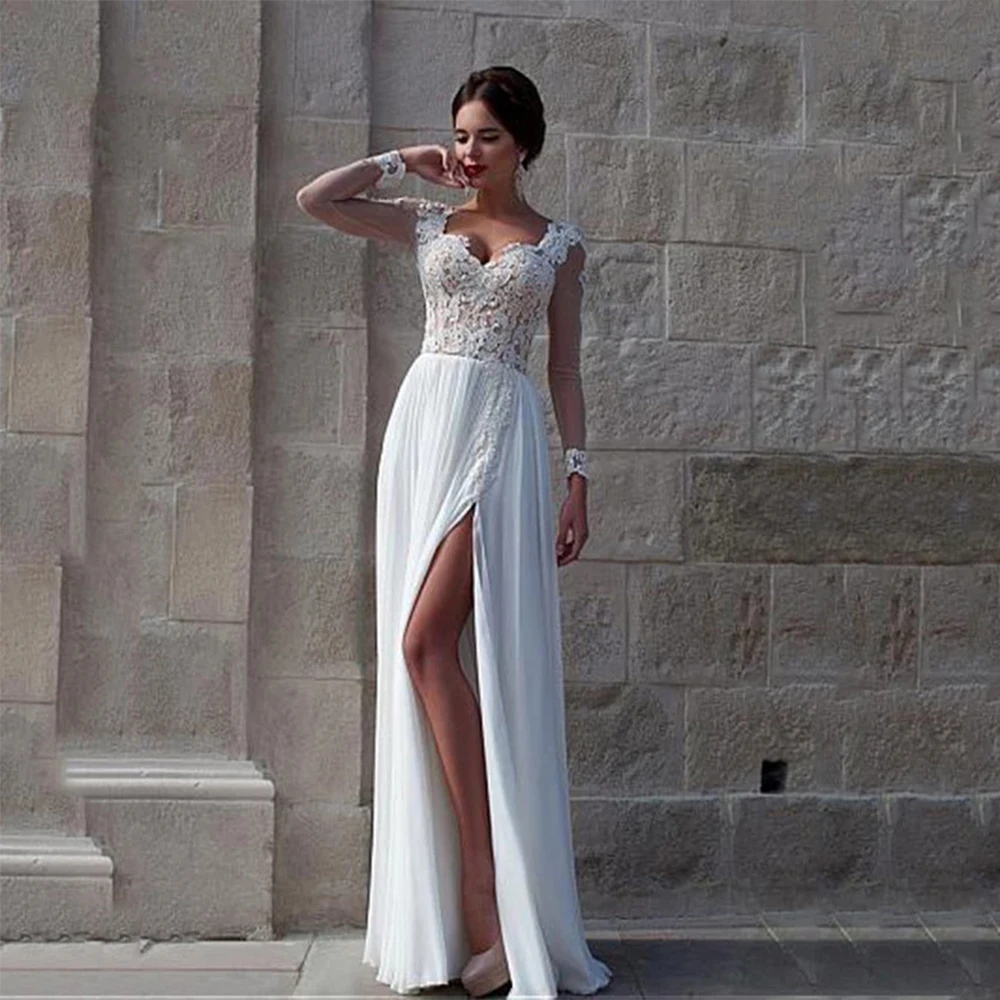 

Bohemian Wedding Dresses Elegant Sweetheart Long Sleeve Lace Appliques Side Split A Line Sweep Train Bridal Gowns 2021 Custom