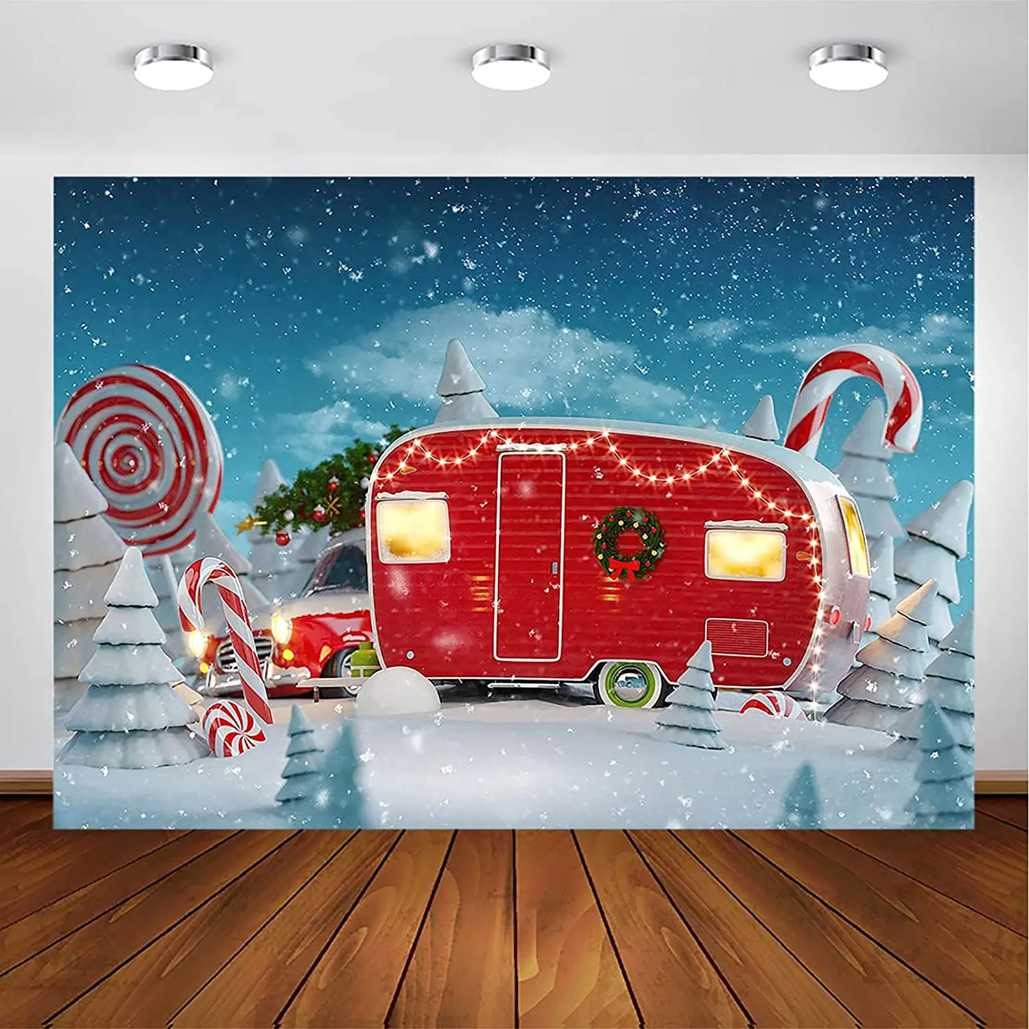 Christmas Camper Photography Backdrop Xmas Holiday Party Decorations Winter Snow Santa Background for Photoshoot Newborn Baby