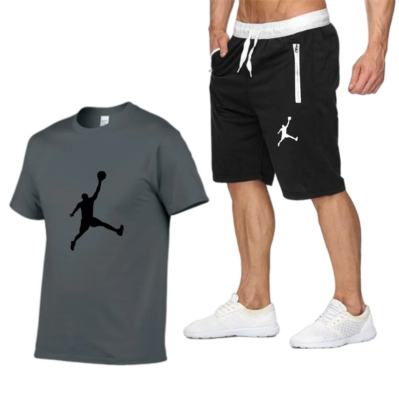 

2021New men's 100% cotton T-shirt + sports shorts 2-piece combination, men's - brand leisure suit, plus size sports suit