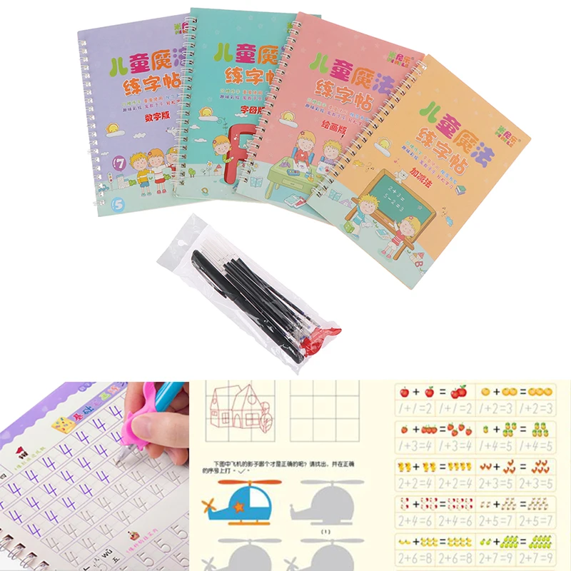 

4Books Learning Numbers Letters Writing Practice Art Book Kids Copybook With Pen For Calligraphy Writing Kids Lettering Toy