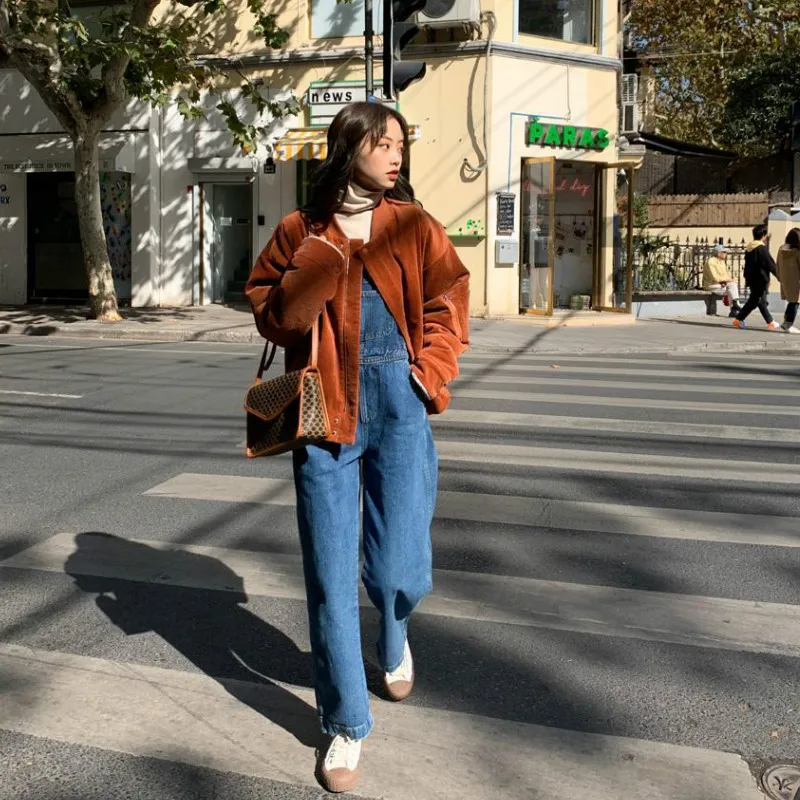 Джинсовые комбинезоны женские однотонные Базовая Спецодежда BF Chic колледж Хай