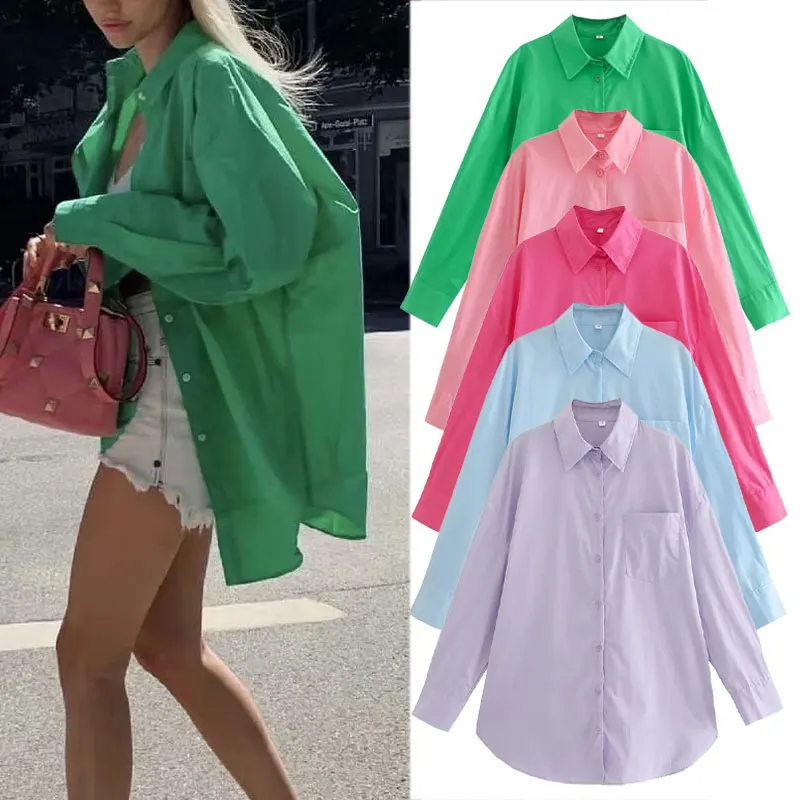 

Женская однобортная рубашка Za, Модная хлопковая однотонная Свободная блузка с длинным рукавом, повседневный Топ большого размера с кармана...