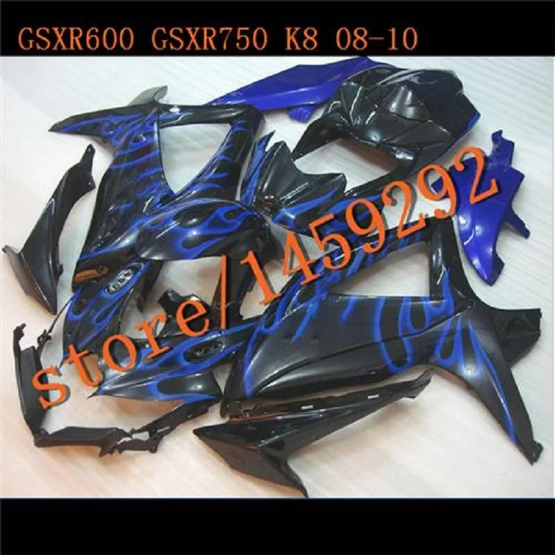 

New hot motorcycle fairing kit for suzuki injection gsxr 600 750 08-10 blue flames black fairings gsxr600 2008-2010