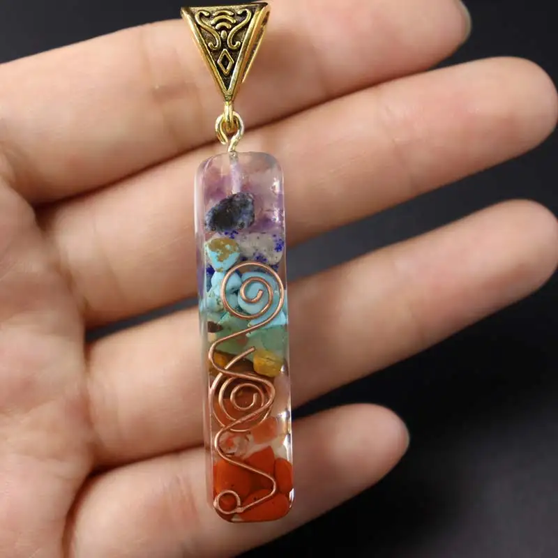 

Retro Reiki Colorful Healing Chips Stone Natural Chakra Crystal Necklace Orgone Energy Pendant Necklace Pendulum Amulet Orgonite