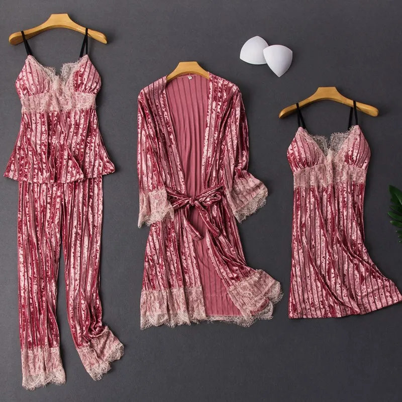 4 шт. одежда для сна Женский комплект Золотая бархатная кружевная сексуальная