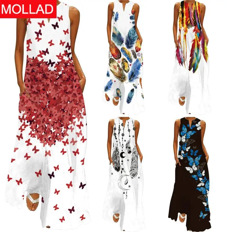 

Женское платье макси, летнее сексуальное платье с цифровым принтом, V-образным вырезом, без рукавов, с карманами, в европейском и американско...