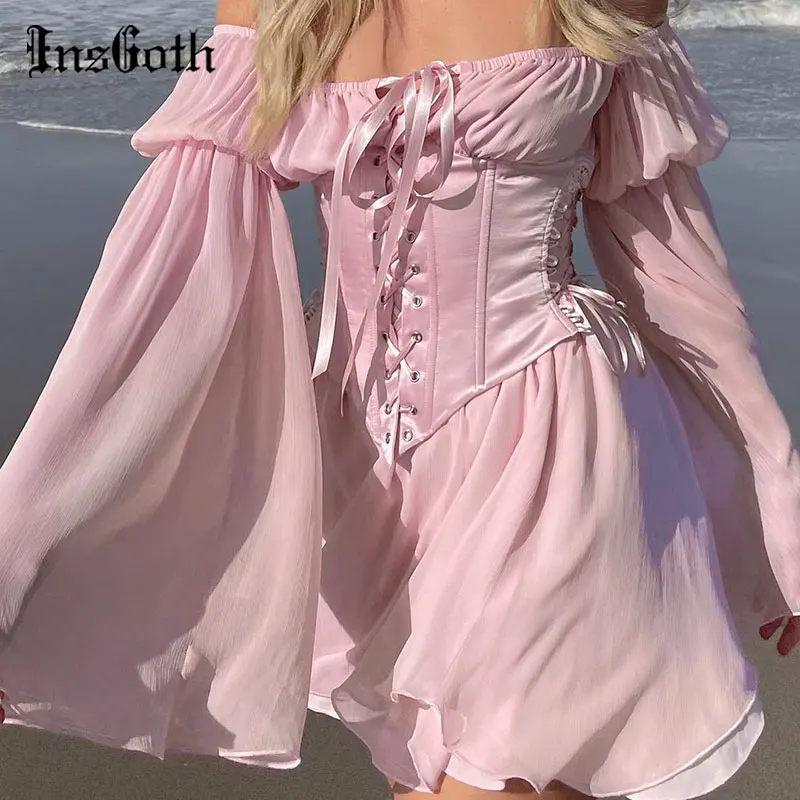 

InsGoth Y2K Sexy Mesh Pink Mini Dress Vintage Bandage Off Shoulder Puff Loose Dress Streetwear High Waist Club Party Dress
