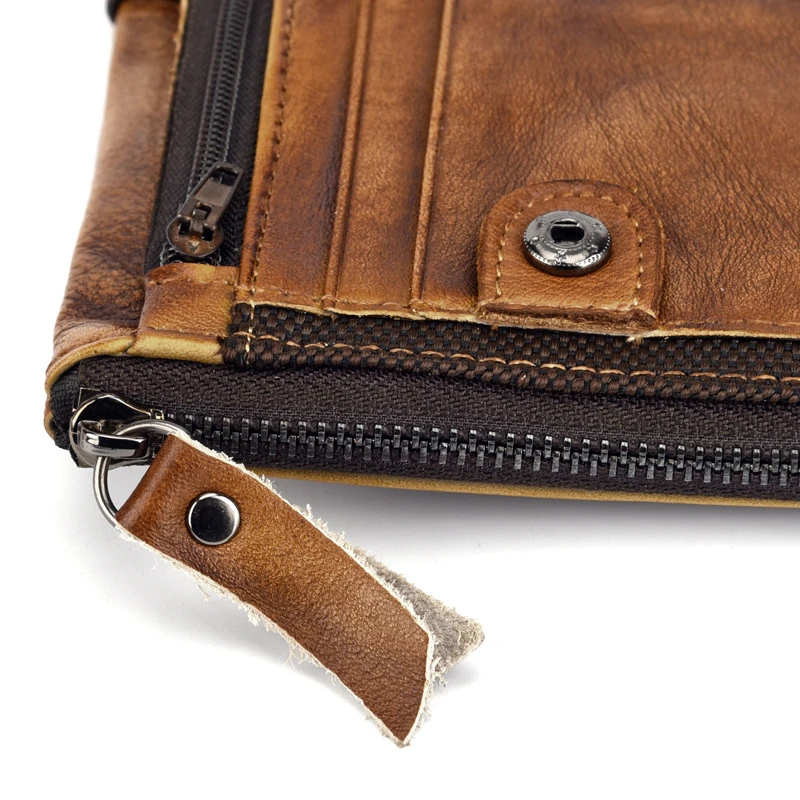 Men's Wallet Retro Cowhide Double Zipper Clutch Genuine Leather Small Purse For Male Handmade Casual Men Short Wallet