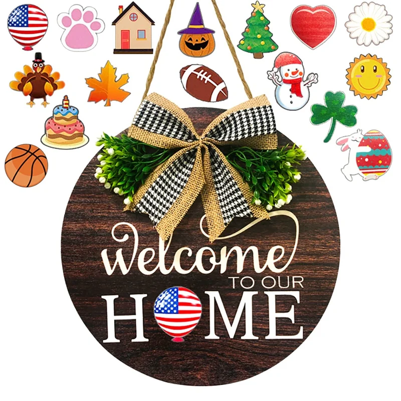 

Seasonal Welcome Door Sign Interchangeable Welcome To Our Home Wood Round Wreath With Buffalo Check Plaid Outdoor