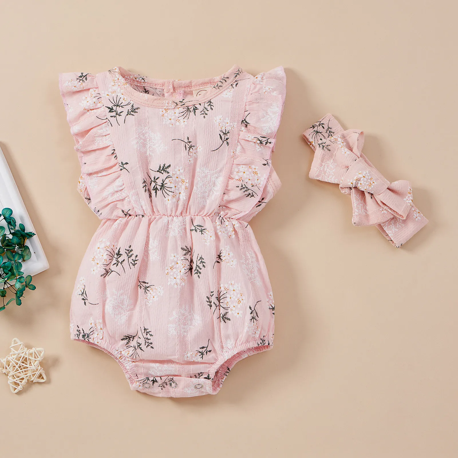 

2Pcs Sweet Style Baby Girls Outfit Toddlers Summer Creative Floral Plant Printing Flouncing Fly Sleeve Romper Bow Headwear