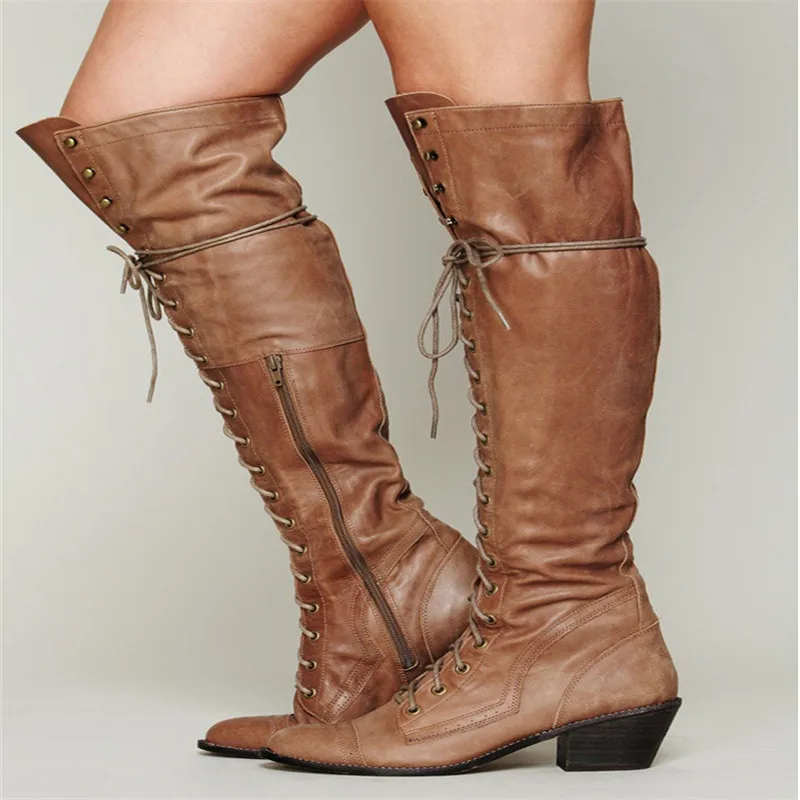 Женские сапоги на высоком квадратном каблуке шнуровке|Сапоги до колена| |