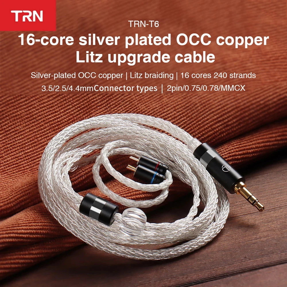 

TRN T6 16-жильный посеребренный OCC медный Litz с 2-контактным разъемом, обновленный кабель для наушников для KZ ZSX ZAX TRN VX V90S CCA C12