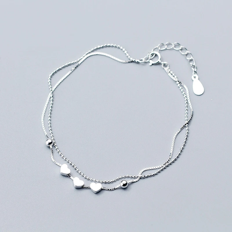 

MloveAcc Solid 925 Sterling Silver Double Layer Heart Beads Chain Bracelets for Women Fashion Party Real Silver Bracelet