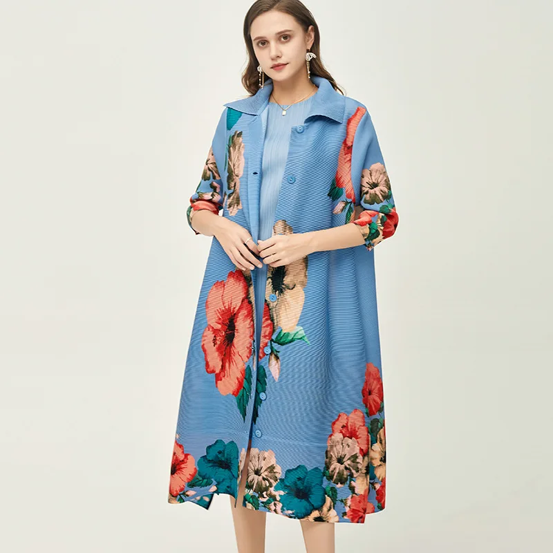 Trench Coat Women 2022 Autumn New Big Flowers Printed Turn Down Collar Single Breasted Stretch Loose Elegant Outerwear
